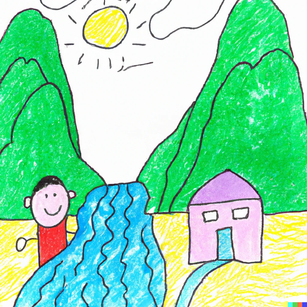 Prompt: River comeout between two mountain with small home on the left. Kid drawing colored