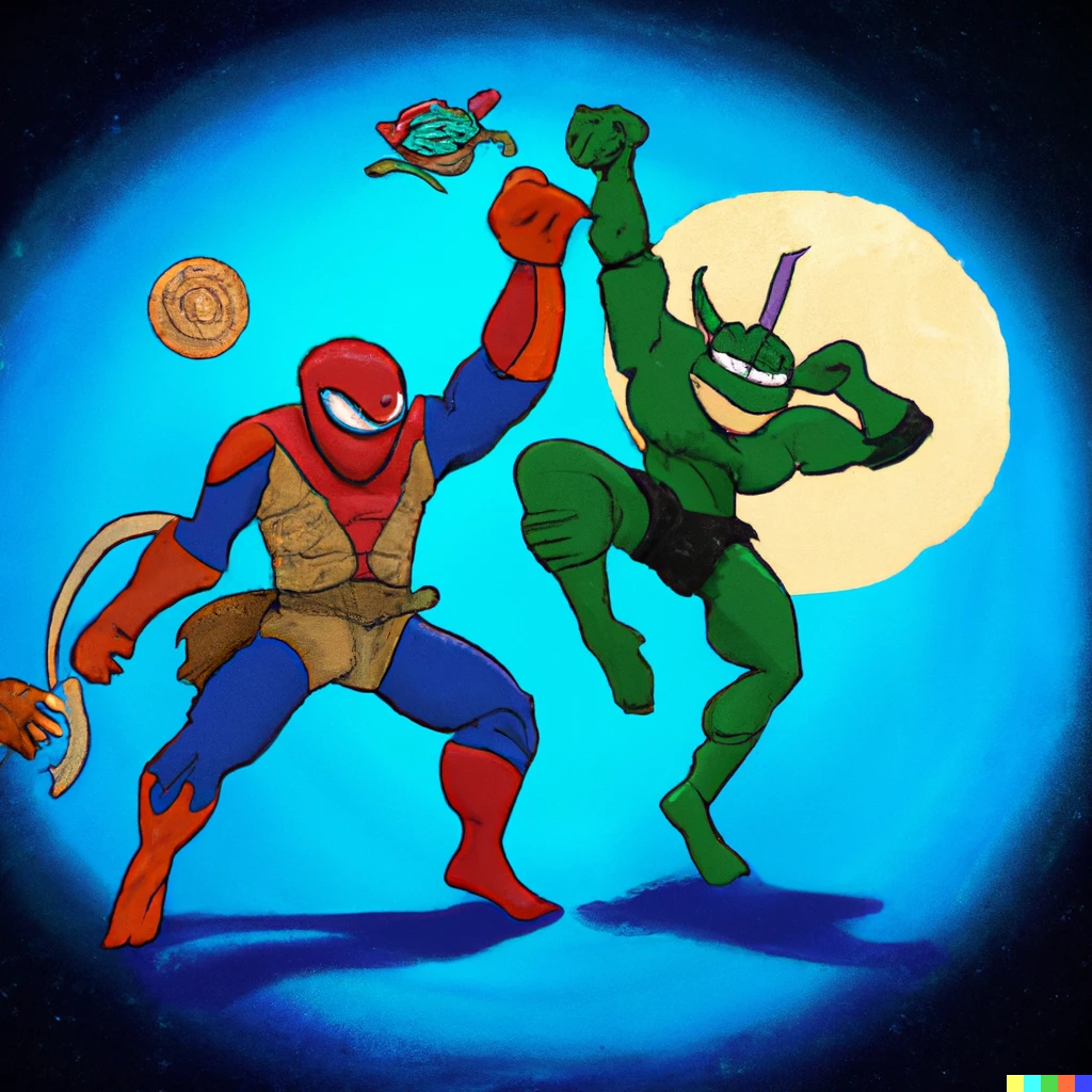 Prompt: Spiderman and Thor dancing in the moonlight with Teenage mutant ninja Turtles