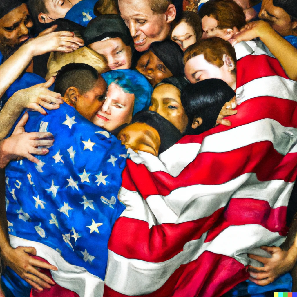 Prompt: An American flag hugging a diverse group of people, digital art in the style of Norman rockwell