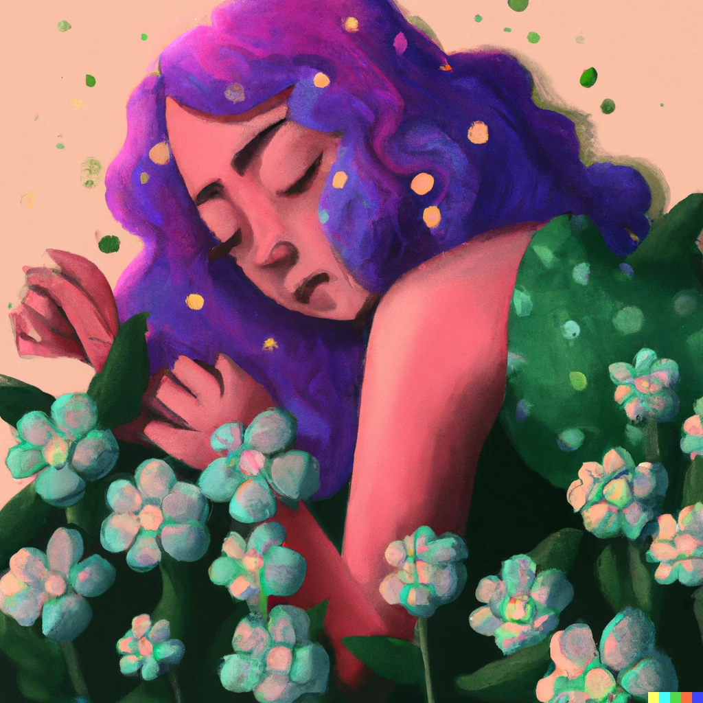 Prompt: A purple haired girl lounging with enchanted flowers.