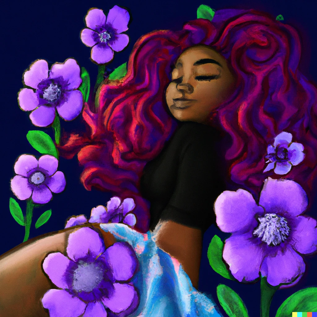 Prompt: A purple haired girl lounging with enchanted flowers.