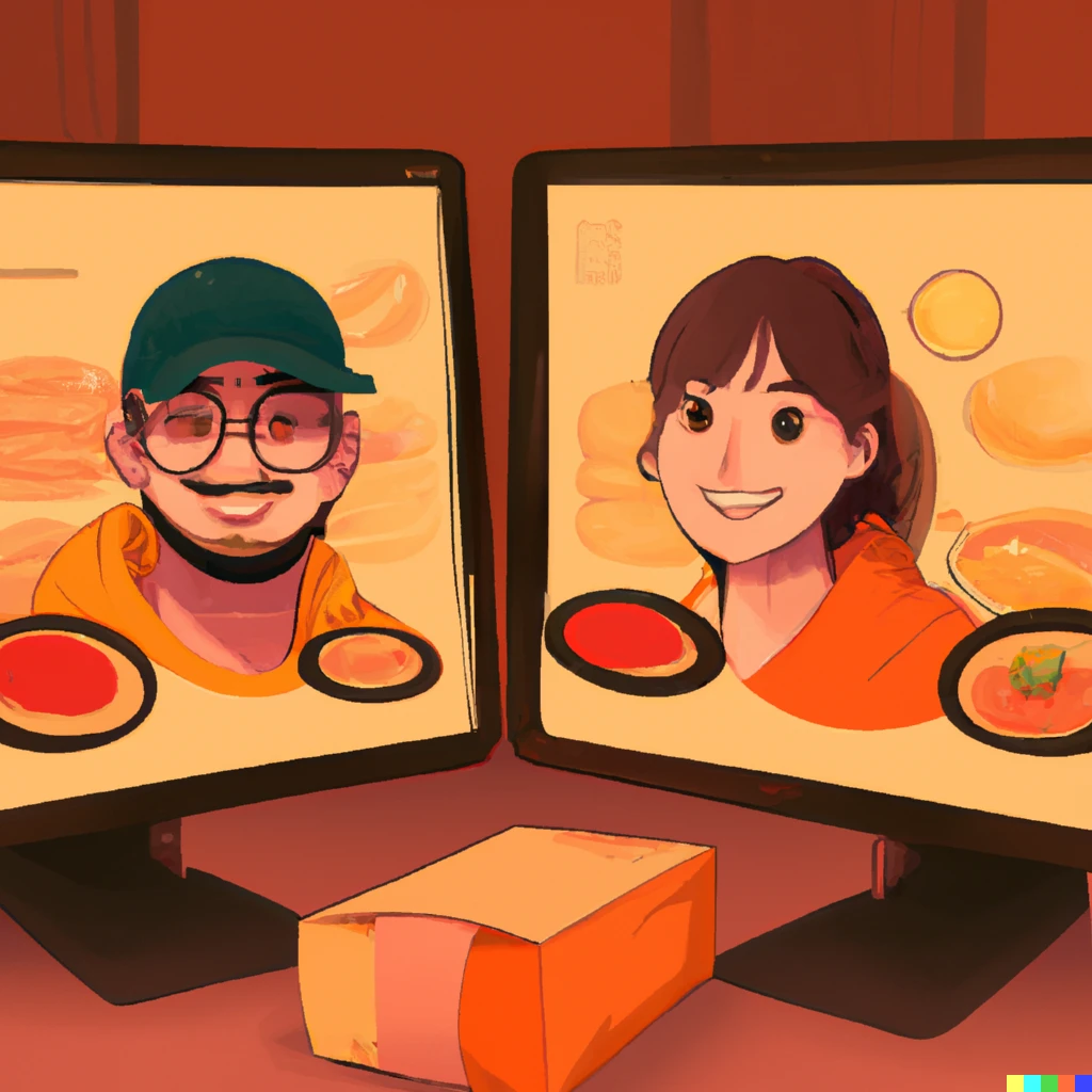 Prompt: a digital art of a smiling couple having virtual date with food on their respective screens