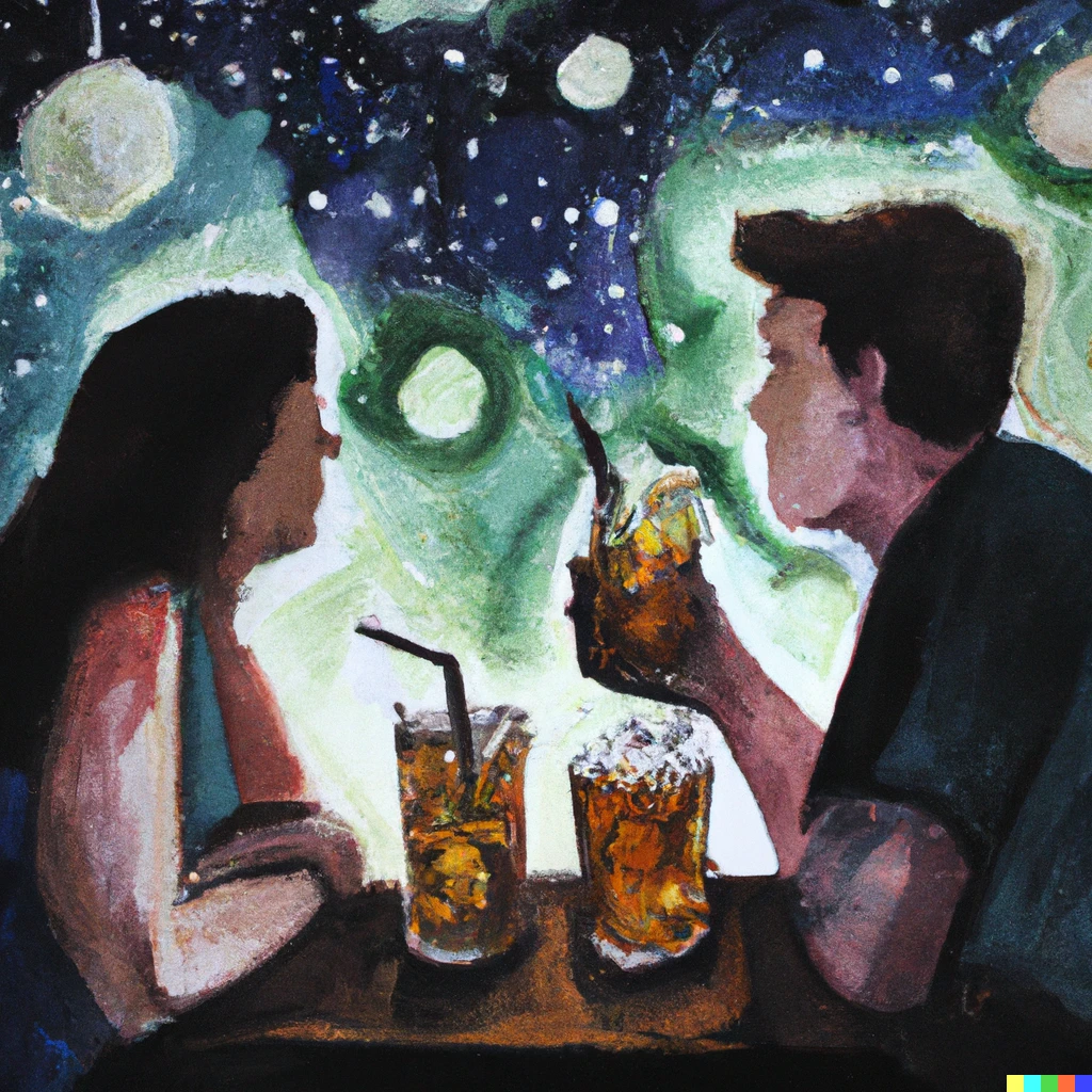Prompt: A water paint painting of a couple having a conversation in a bar with two large pitchers of long island iced tea on the table, stars in the background