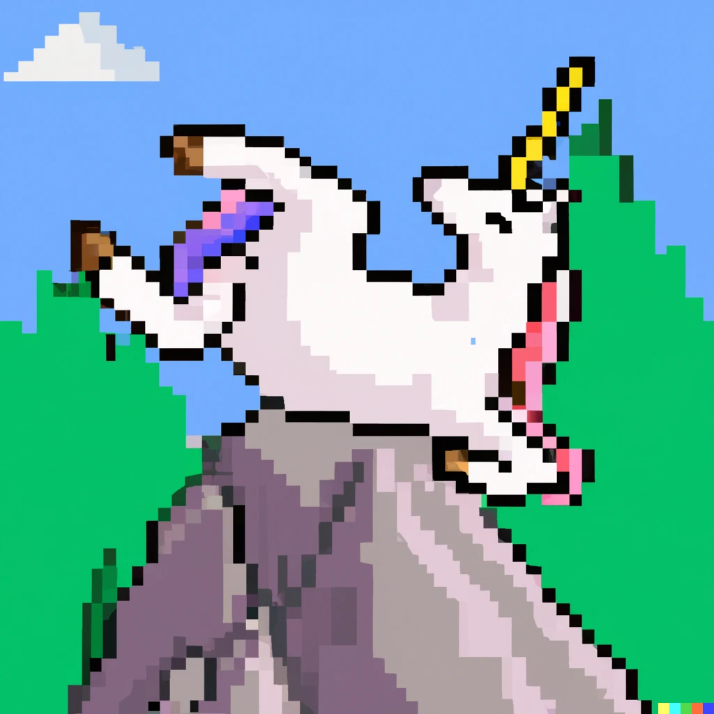 Prompt: Unicorn doing a headstand on a mountain pixel