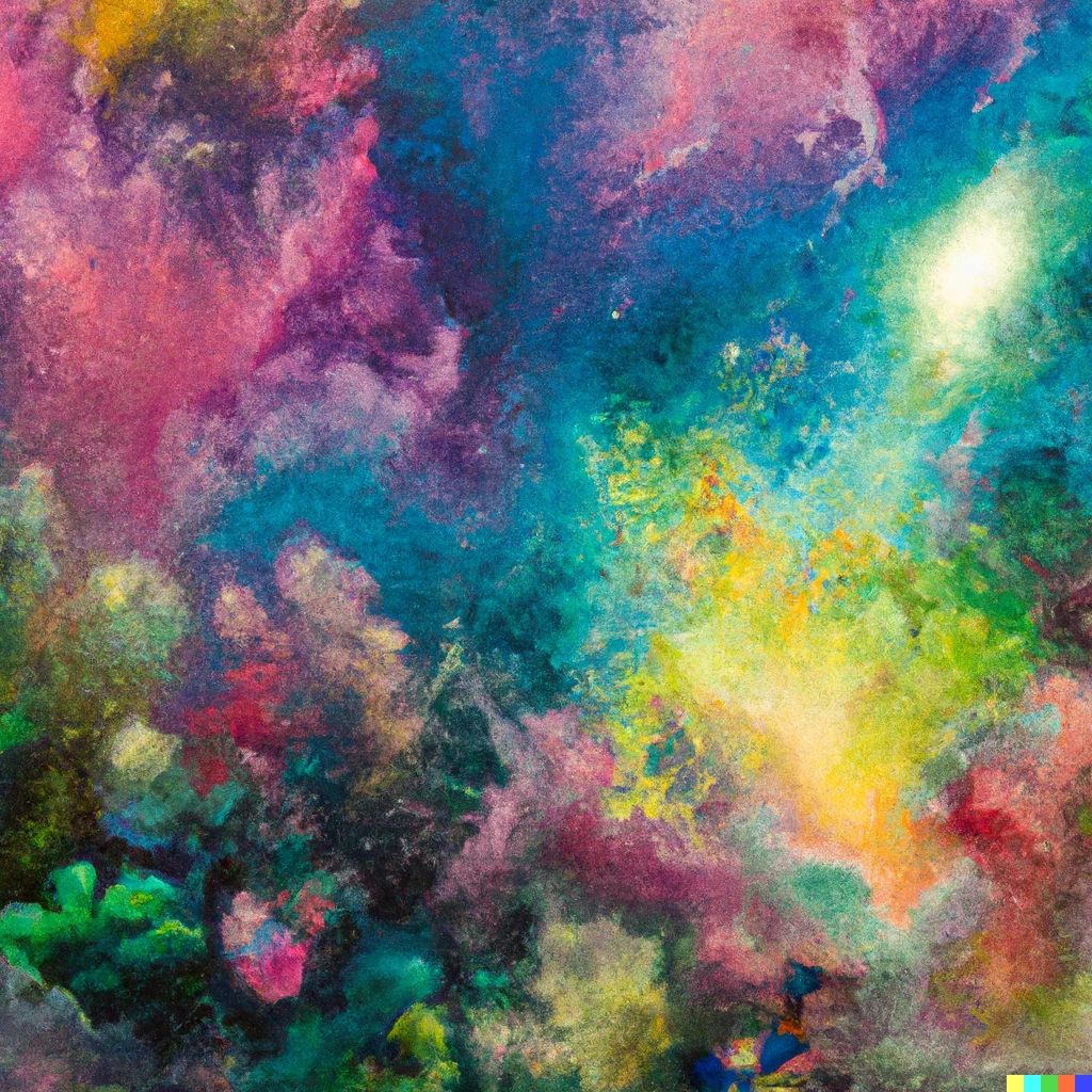 Prompt: An oil painting of a nebula speading amid pink, blue, green, yellow coral reefs