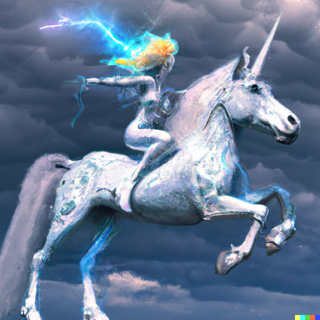 Prompt: A woman cyborg riding a unicorn accross a stormy sky