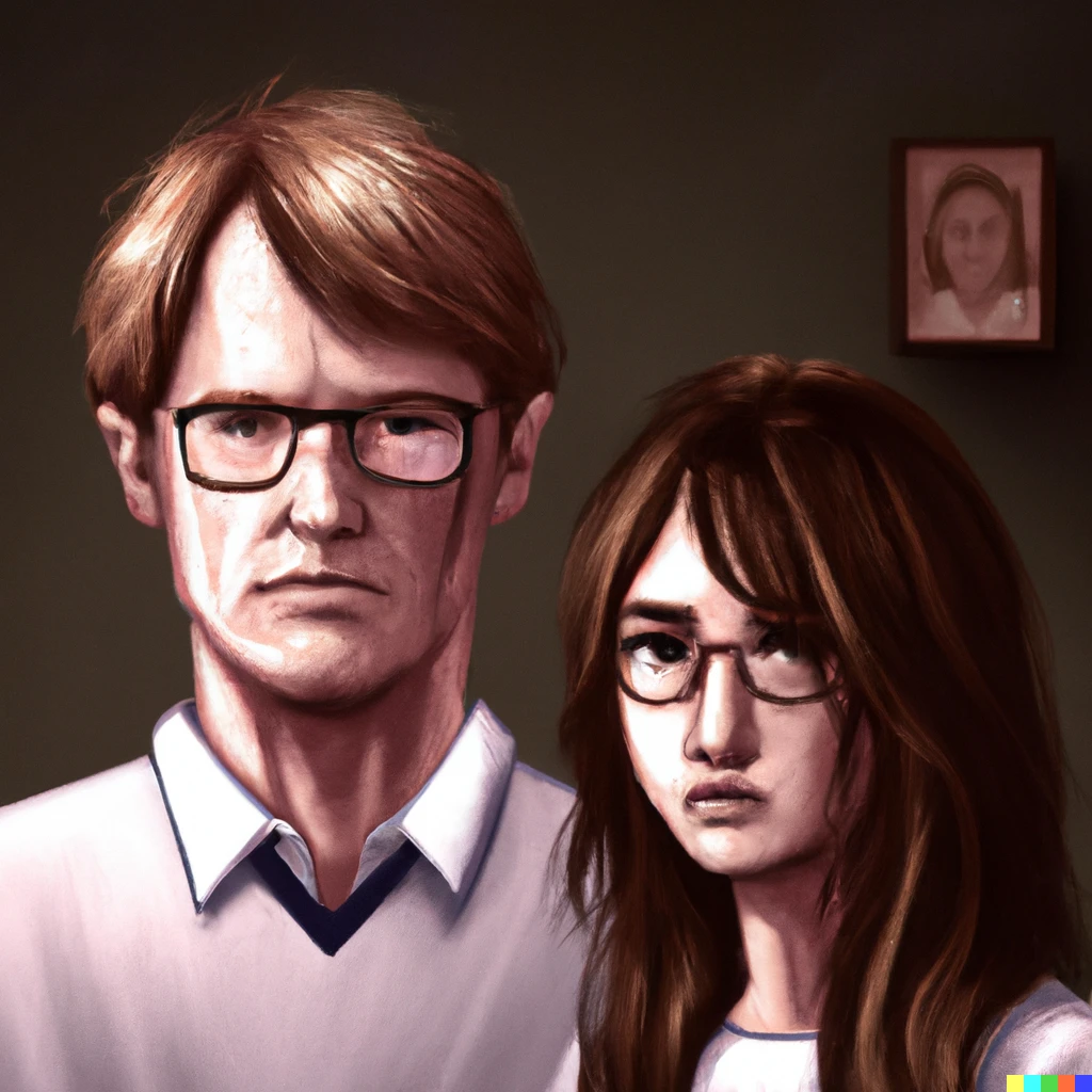 Digital Art of jeffrey Dahmer with a brown-haired girl as a partner