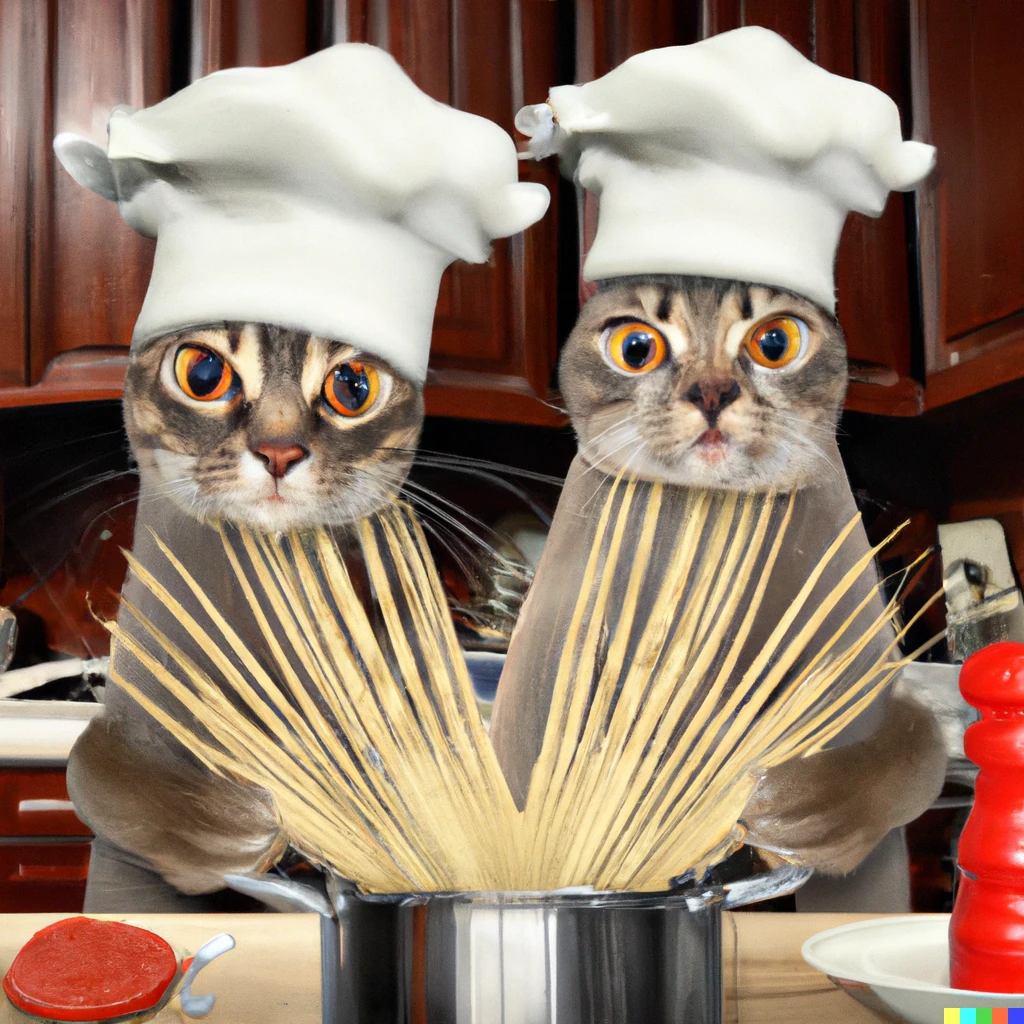 Cats cooking spaghetti