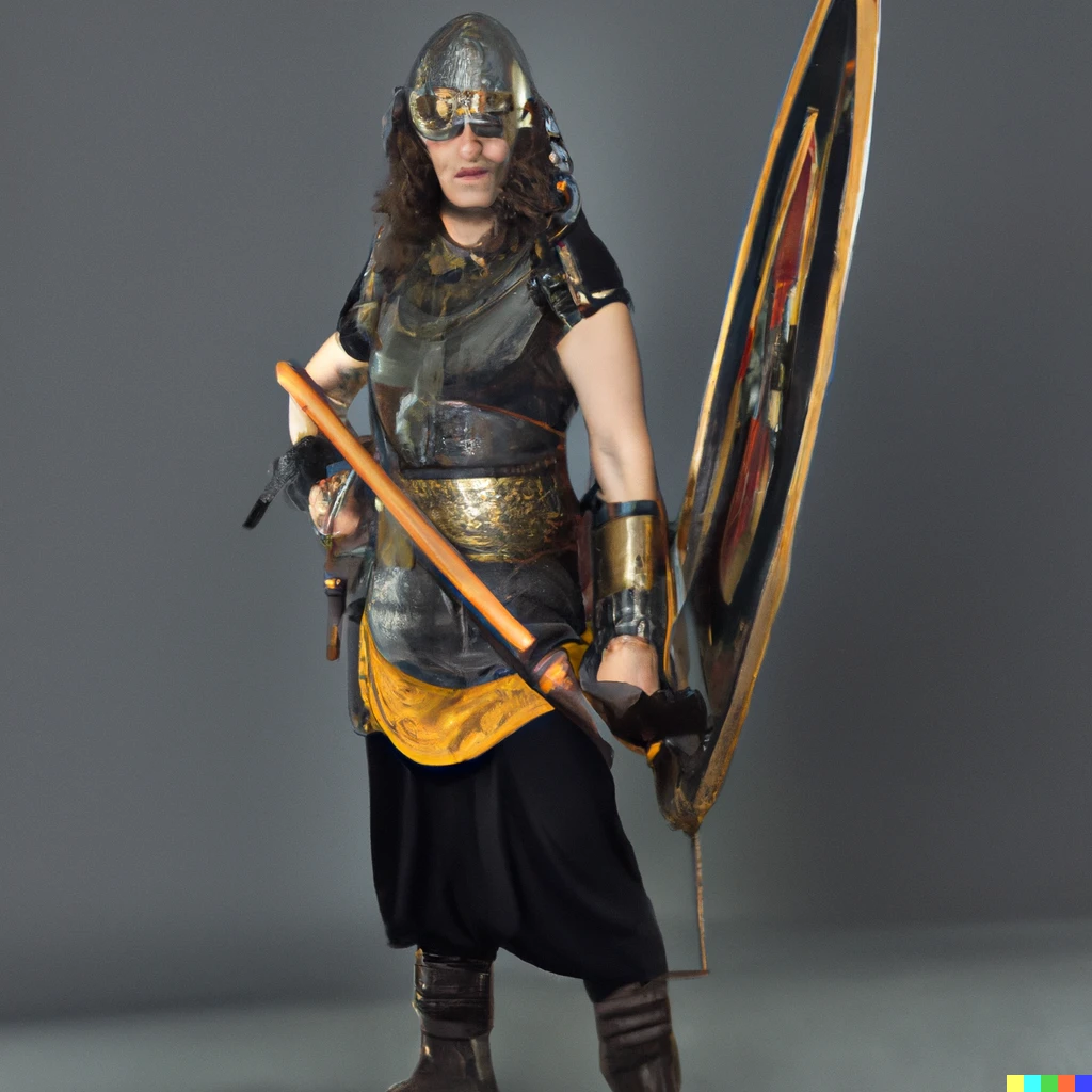 Photograph of sassanid warrior woman, in body armor, holding bow, full body