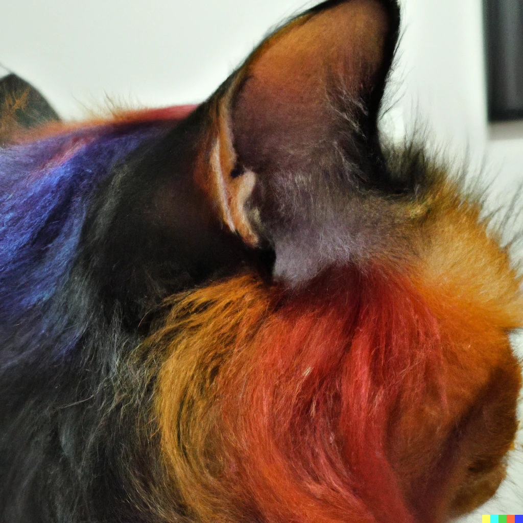 cat with its hair dyed rainbow colors