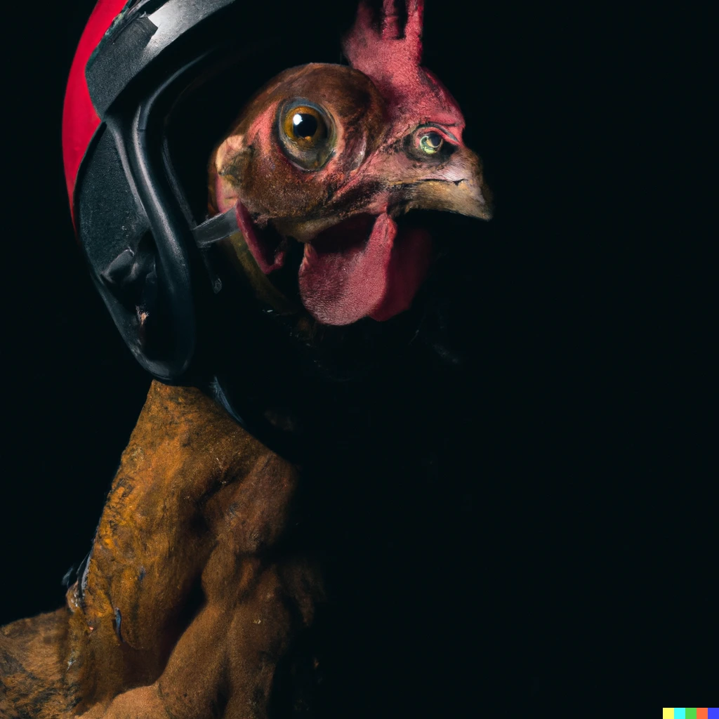 Prompt: a photo of a chicken wearing a helmet, high quality, dramatic lighting