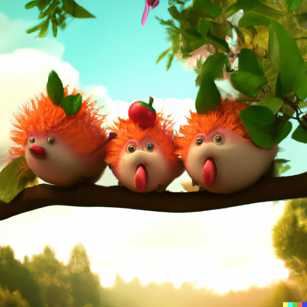 Prompt: Hedgehogs made of peach fruit sitting and hanging in a peach tree