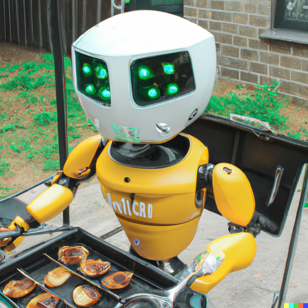 Prompt: A photograph of DALL-E 2 in robot form, cooking BBQ for the employees at OpenAI. 