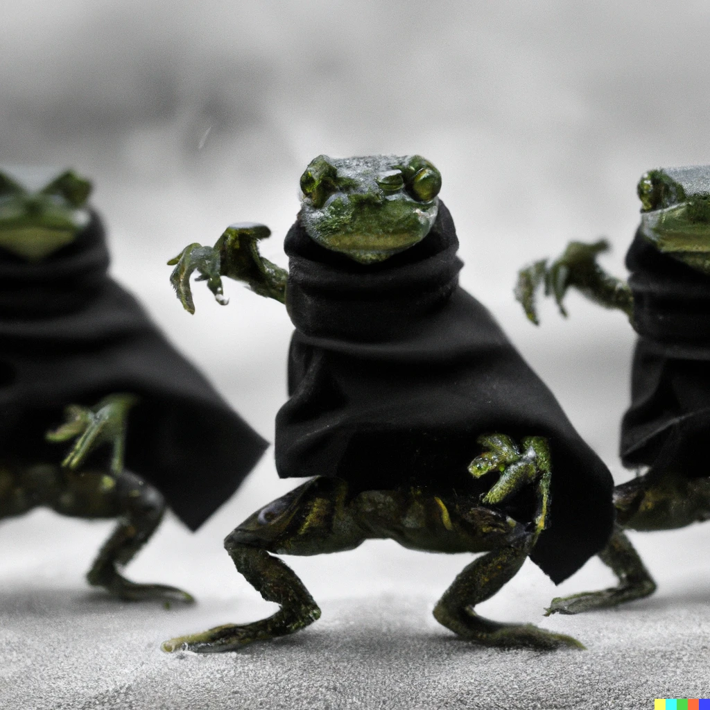 Prompt: Photorealistic Frog Ninjas. The ninja frogs are cloaked and prepared for battle. digital photography
