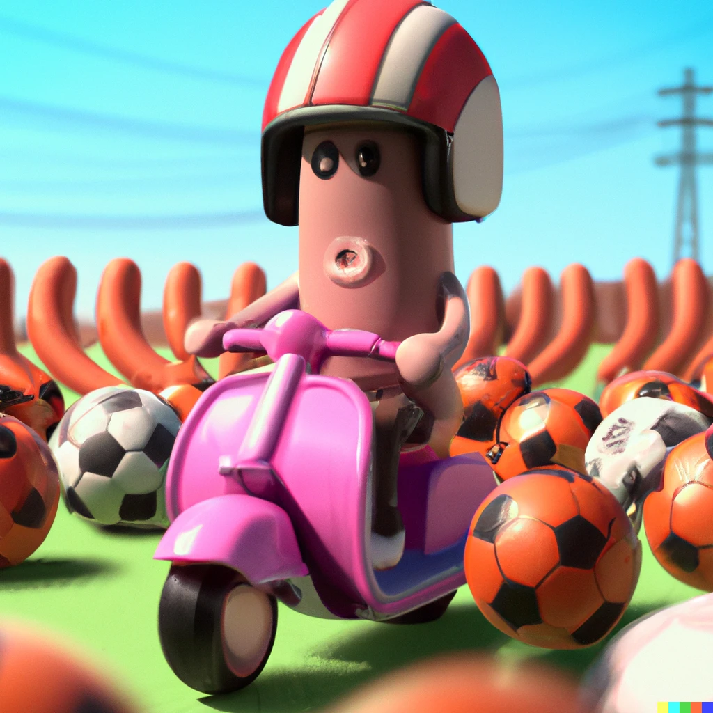 Prompt: An all beef sausage wearing a helmet and riding a scooter through a field of soccer balls. Photorealism. Photography. Enhanced 8k Res. Digital illustration. 