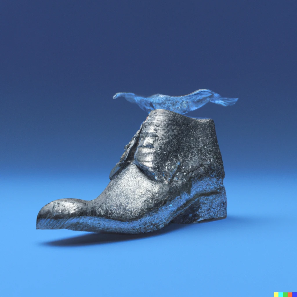 Prompt: A shoe made of steel and water. 3D rendered digital sculpture. Digital illustration. Modern concept art. 