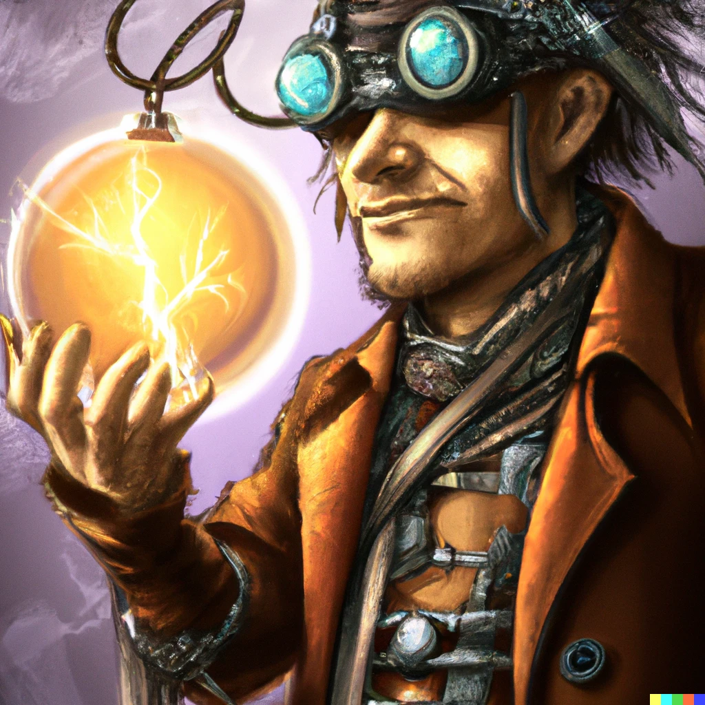 Prompt: Steampunk Scientist holding an electrical orb. Digital illustration