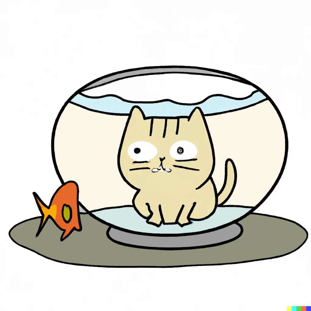 Prompt: There is a cat inside a fishbowl. The fishbowl is on the table.

There is a cartoon fish sitting on the floor looking up at the cat inside the fishbowl.
