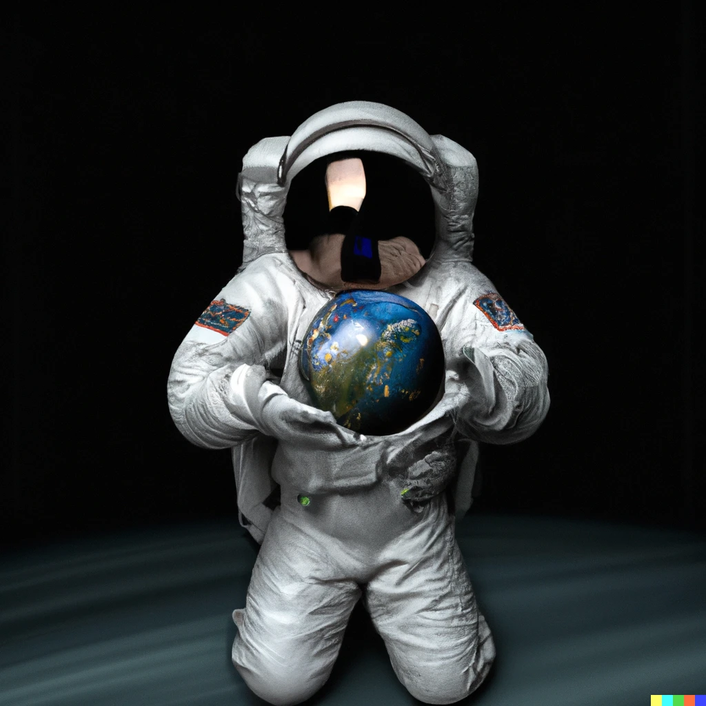 Prompt: A digital illustration of an astronaut holding the earth like a bowling ball. Photorealism. Surrealism.