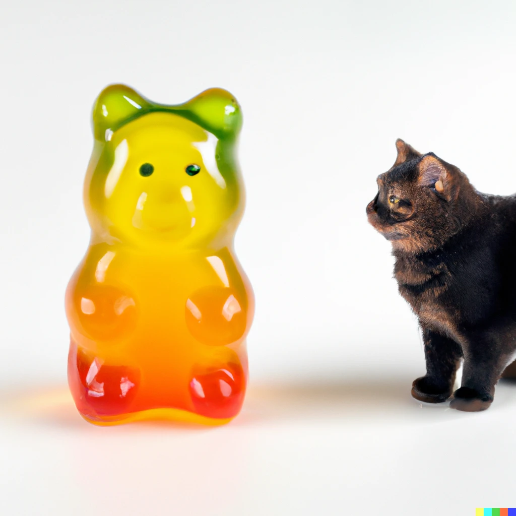 Prompt: A very large gummy bear candy standing next to a real cat.