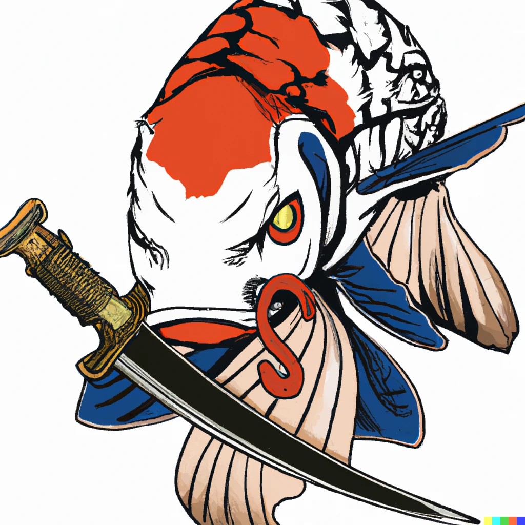 Prompt: A koi fish wielding a samurai sword.