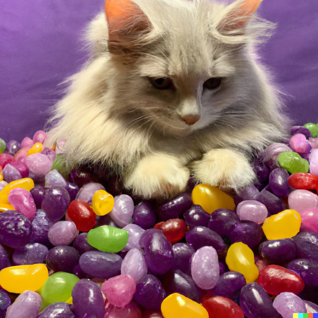 Prompt: a purple fluffy mcflufferton sitting on a pile of jellybeans