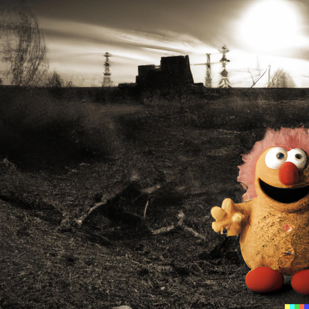 Prompt: elmo in a post apocalyptic nuclear wasteland
