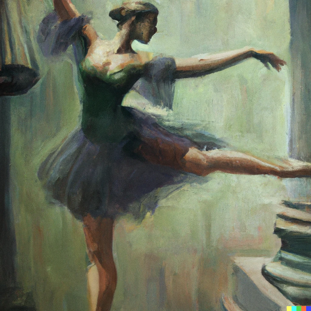 Prompt: An oil painting of lady justice as a ballet dancer, dancing on pointe with arms out, in the style of Hilaire-Germain-Edgar Degas