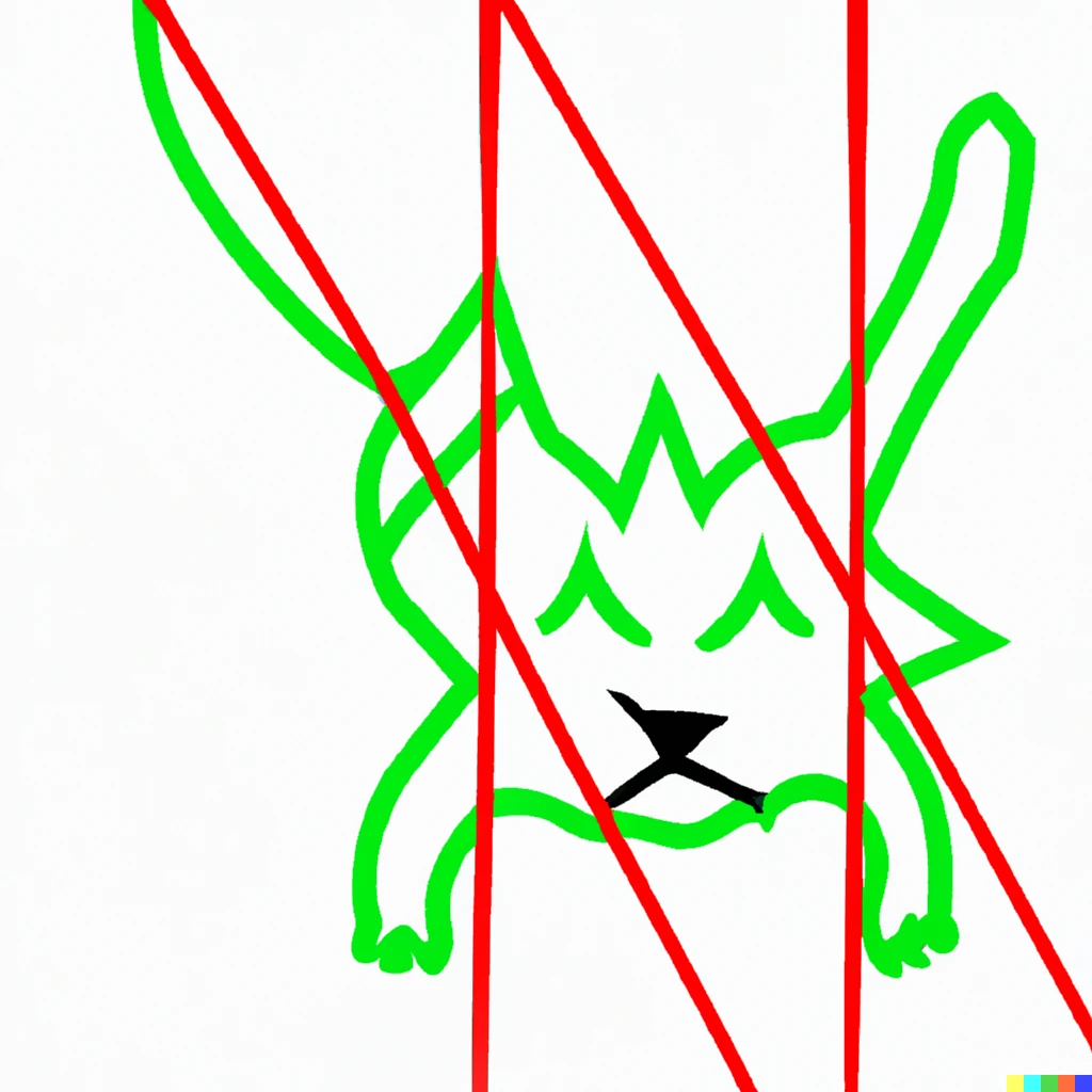 Prompt: Seven red lines, all of them strictly perpendicular, some with green ink and some with transparent. One of the lines in the form of a kitten.