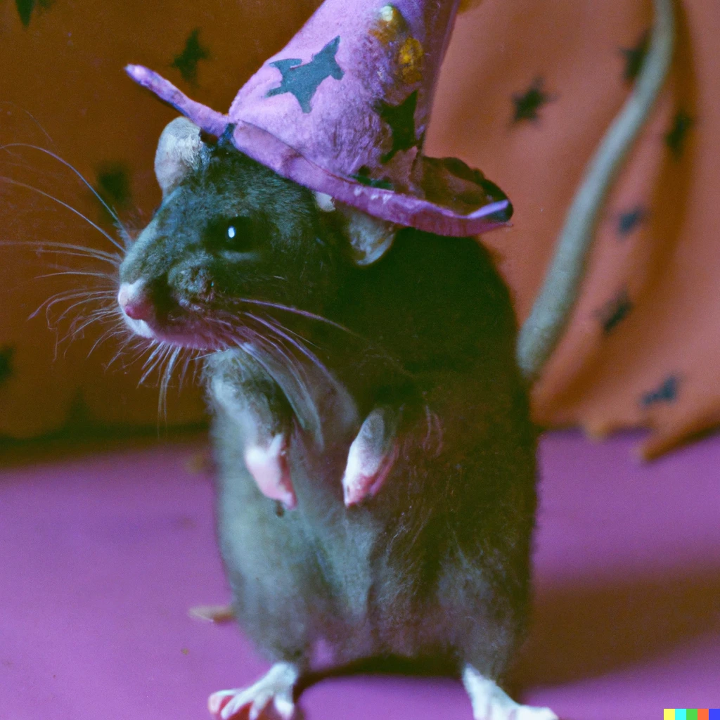 Prompt: A 35mm photograph of a rat dancing wearing a witch hat