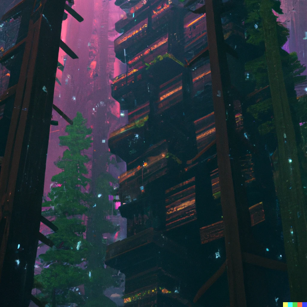 Prompt: "Cyberpunk skyscrapers build inside giant redwood trees" digital art