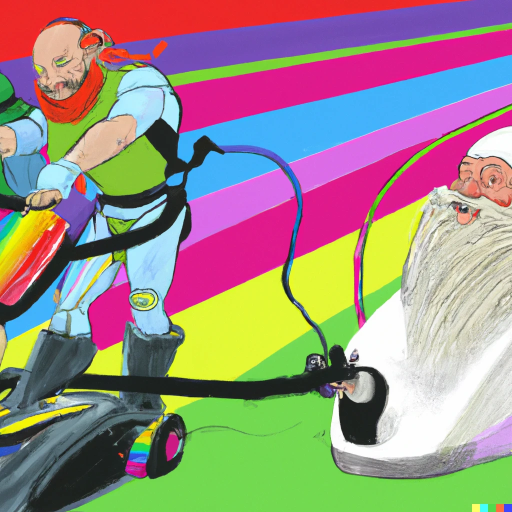 paint Brian Blessed riding a Henry hoover alongside | DALL·E 2 | OpenArt