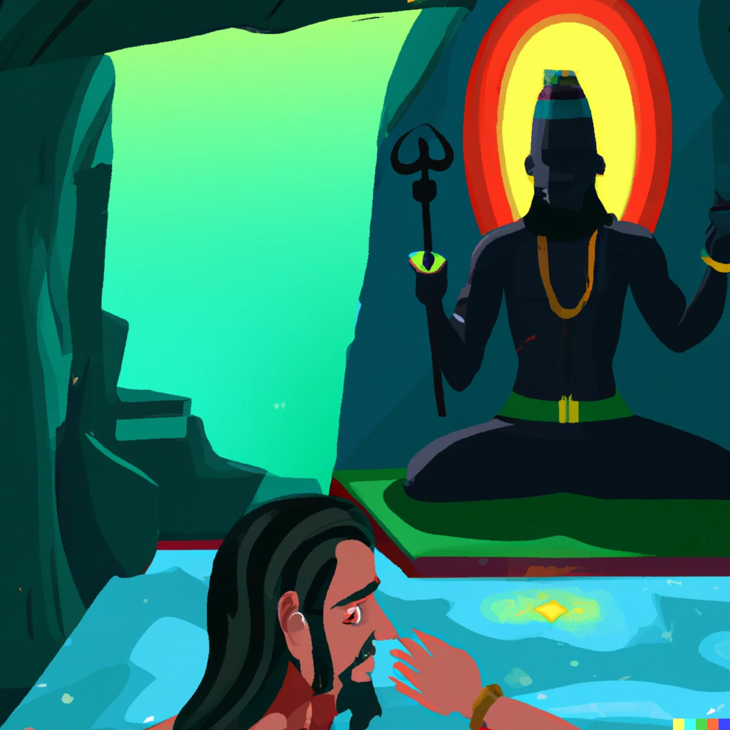 Prompt: Saint doing penance inside a cave. When Shiva the God appears before him, saint opens his eyes