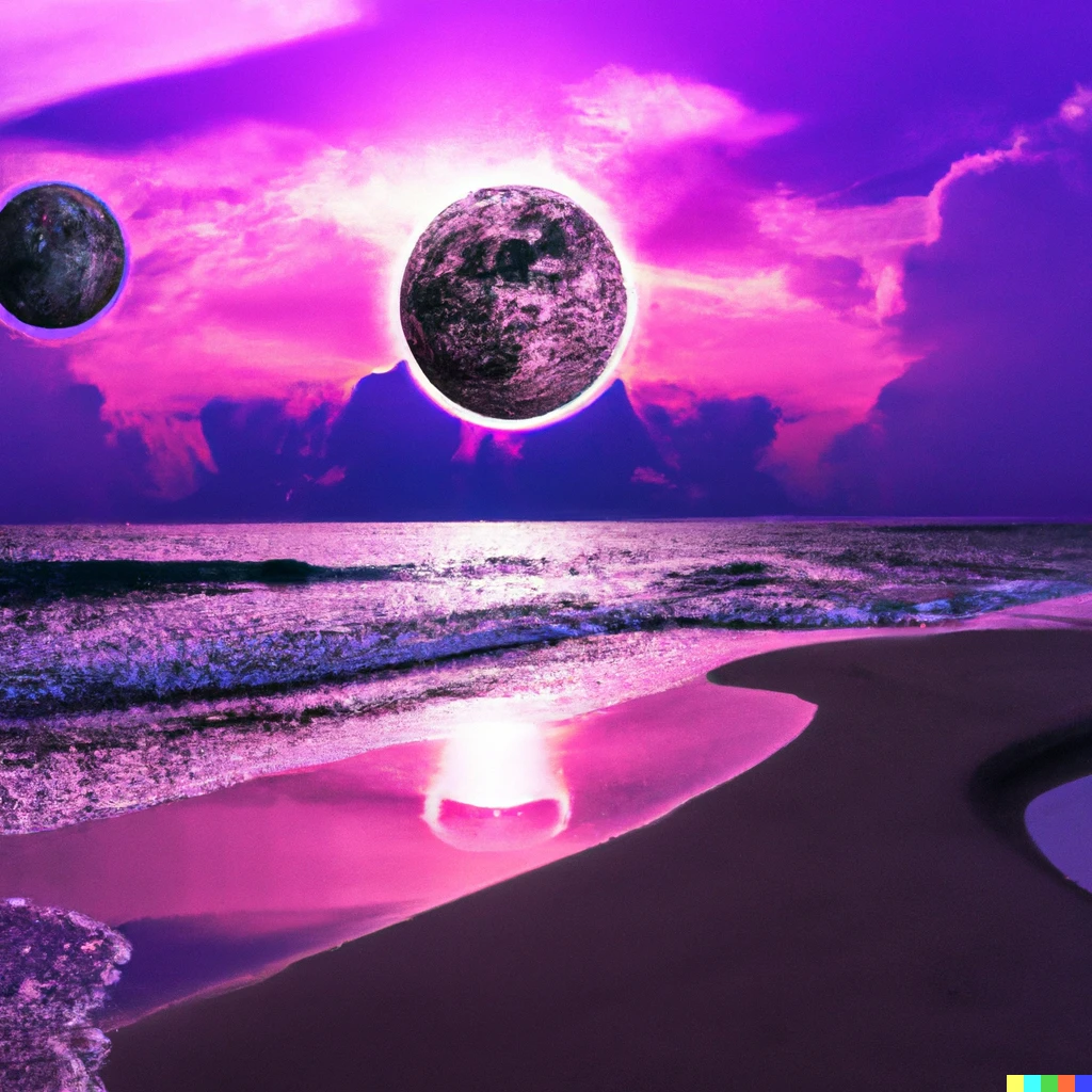 Prompt: A beautiful purple sunset at a beach on another planet with two moons and an alien