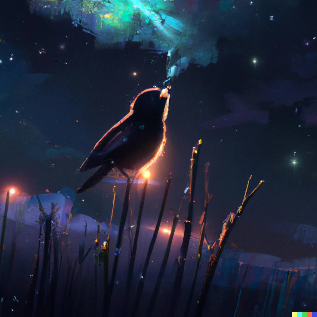 Prompt: A Blackbird singing at the edge of universe, digital art