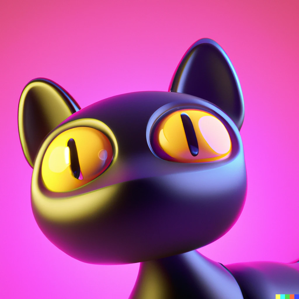 Prompt: 3d render portrait of a cute, happy black robot cat with glowing yellow eyes on a neon pink background, digital art