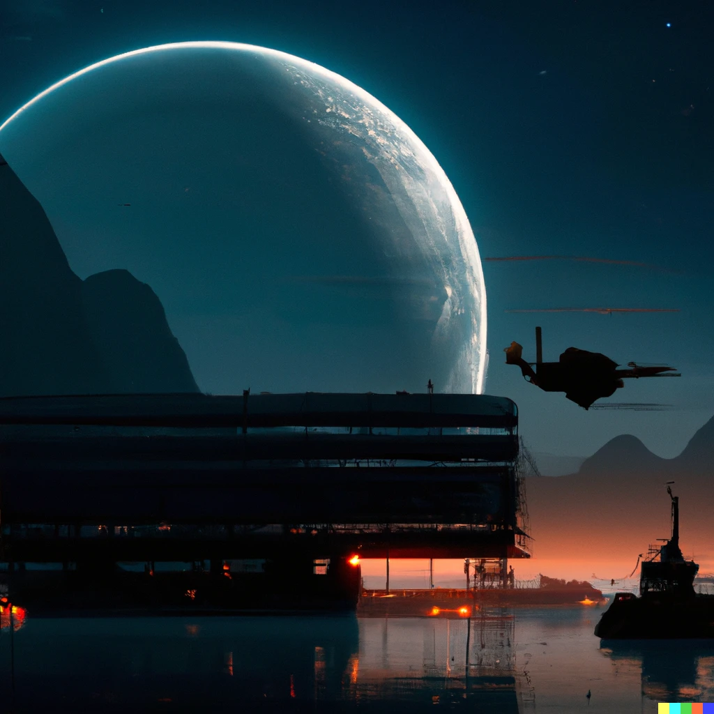 Prompt: halong bay in 3022 at night with a giant moon over the city and a spaceship flying in front of the moon, digital art