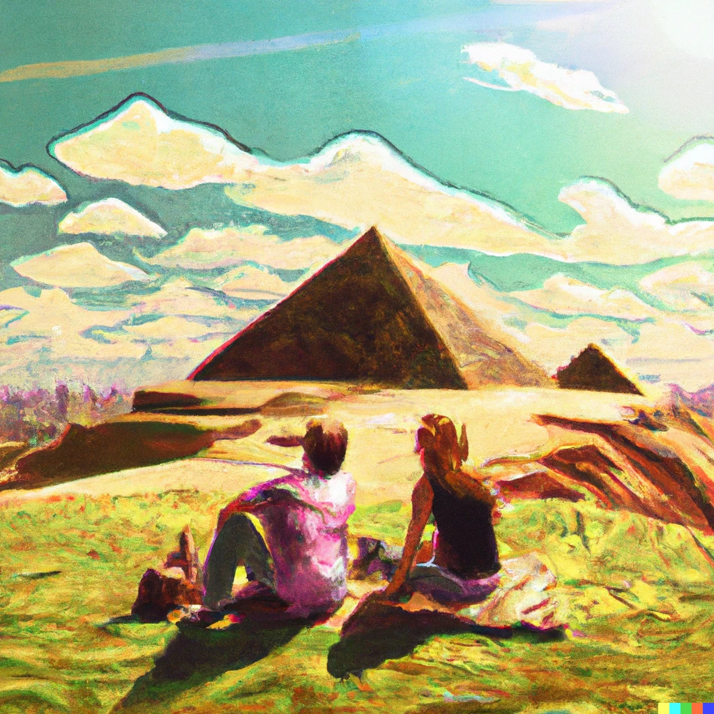 Prompt: drawing of a man and woman on a hill having a picnic. The sun is shining and the pyramids are visible in the distance, photorealistic