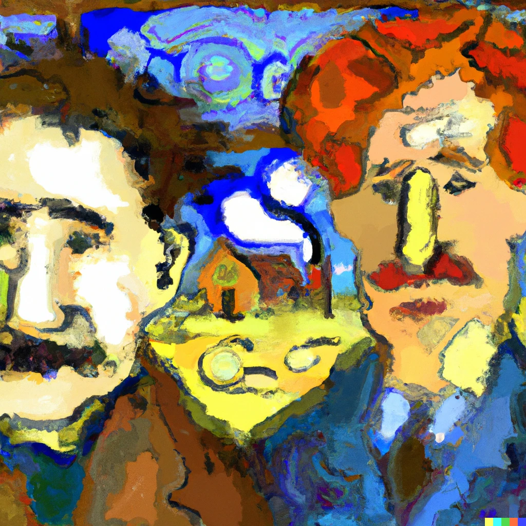 Prompt: The Curious cases of Rutherford and Fry in the style of Van Gogh