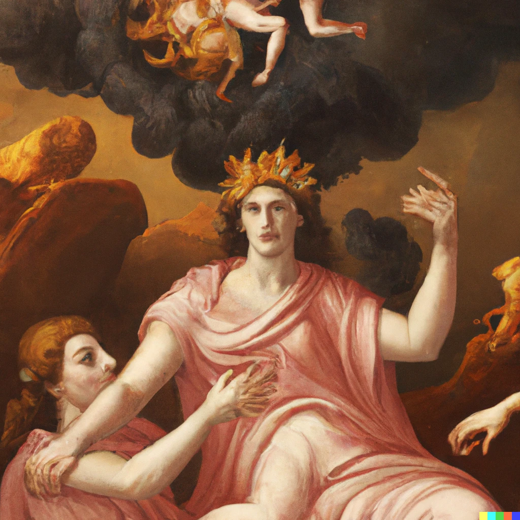 Prompt: a Renaissance oil painting of Athena being born from Zeus' head.