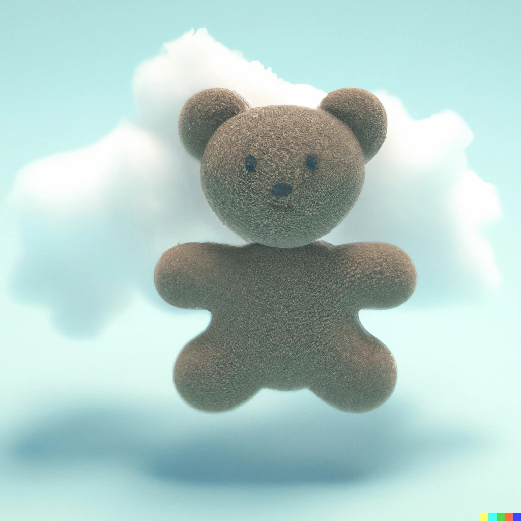 Prompt: 3d rendering of fluffy teddy bear shaped cloud, pastle blue background