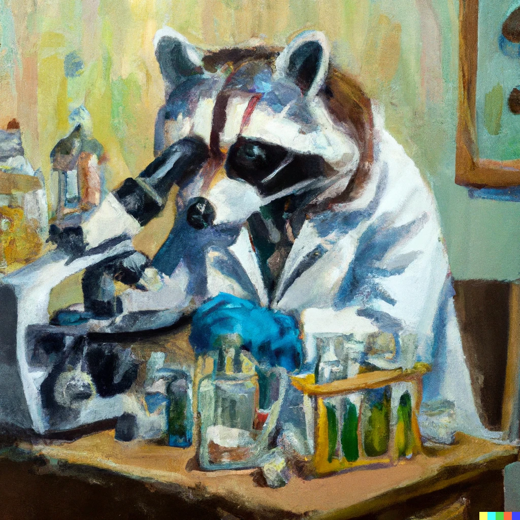Prompt: Oil painting of a Raccoon wearing a white lab coat and looking through a microscope, beakers full of chemicals on the table