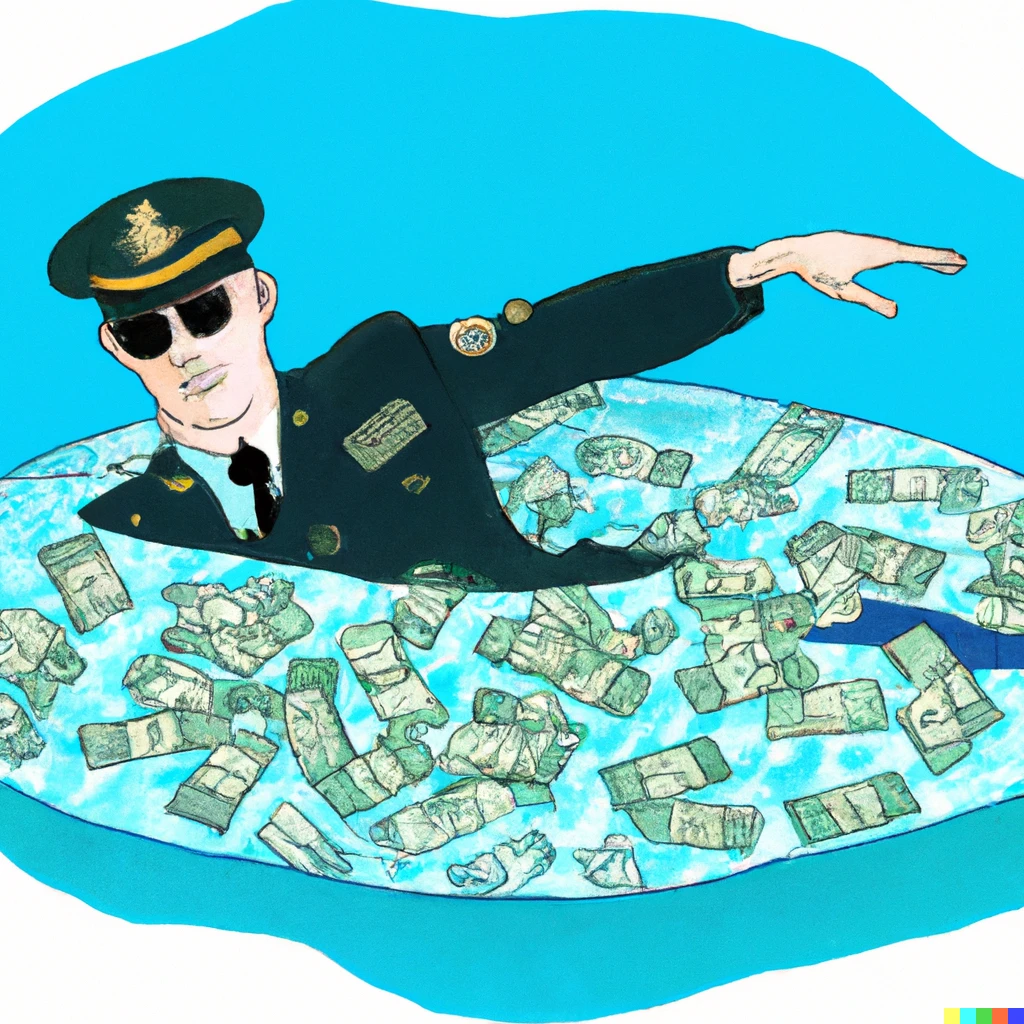 Prompt: An army officer swimming in a pool of money
