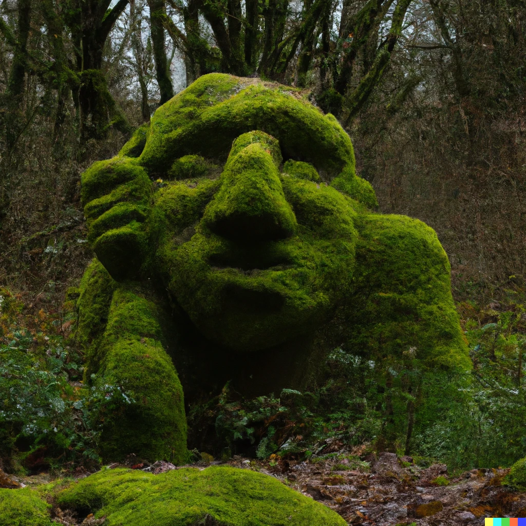 Prompt: a giant goblin made of moss covered stone, sitting in a gloomy English forest on an overcast day. Photograph