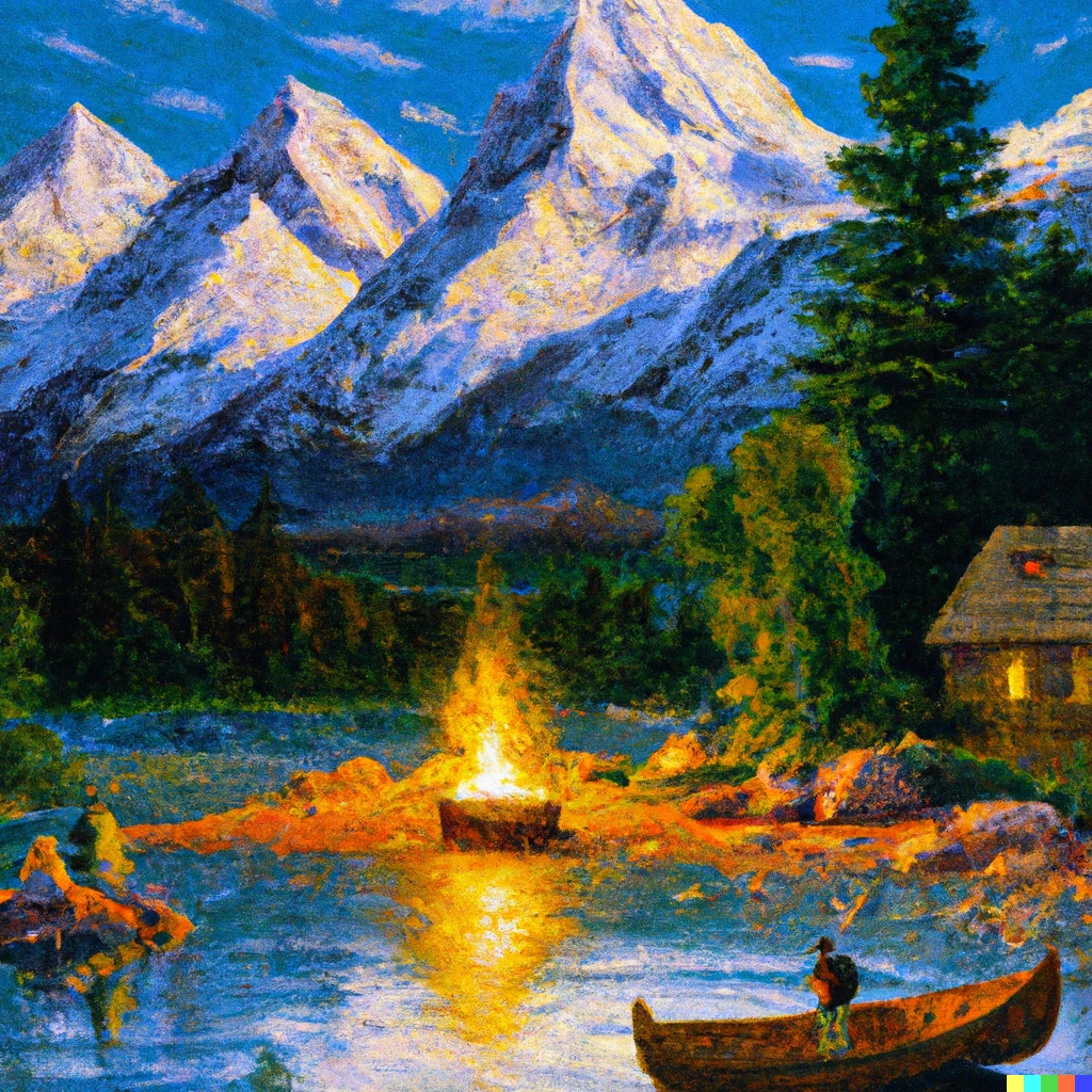 Prompt: Thomas Kincaid painting with cabin, canoe on lake snowy mountain campfire at dusk. 