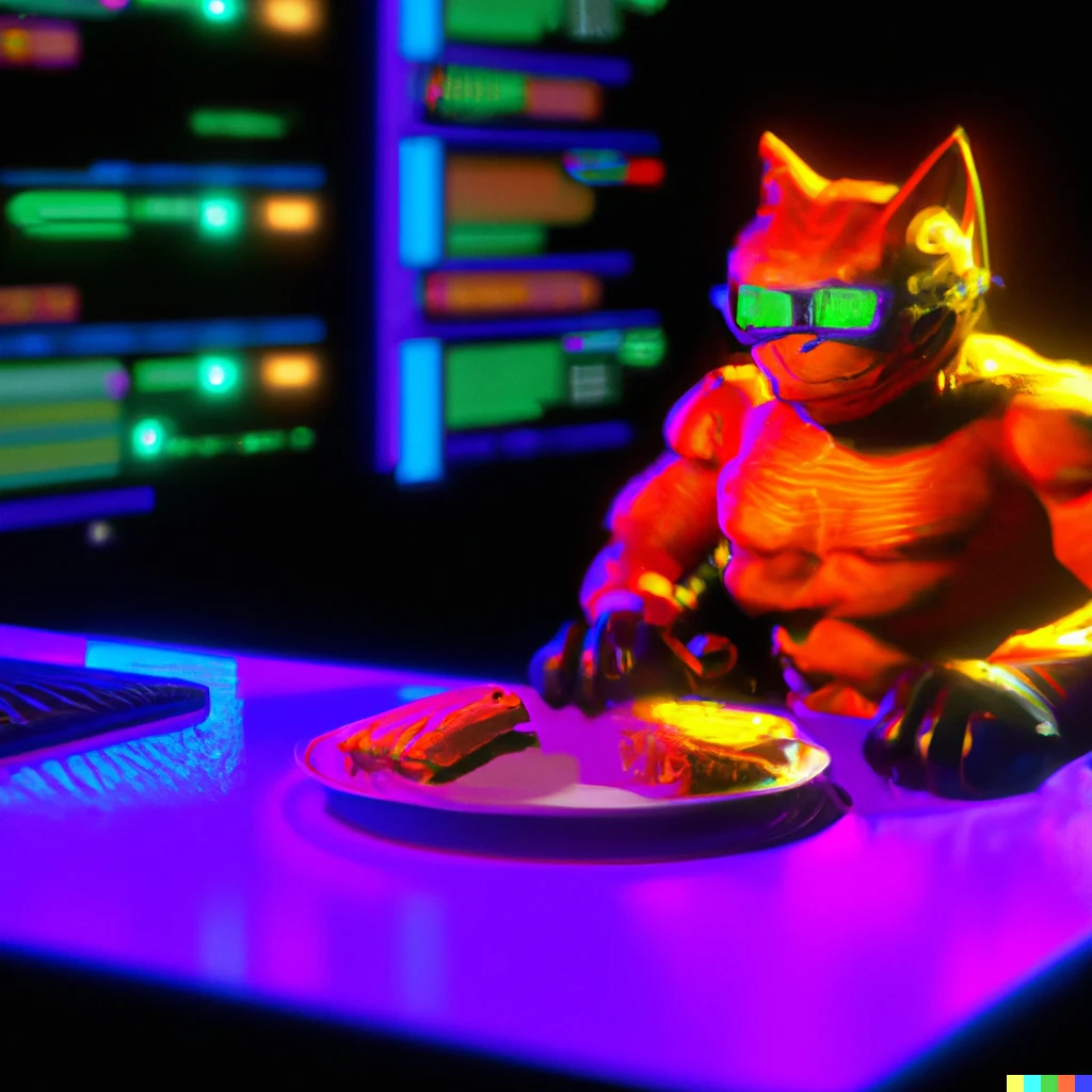 Prompt: cyber garfield snacking on lasagna and hacking into the matrix mid 90s 3d render