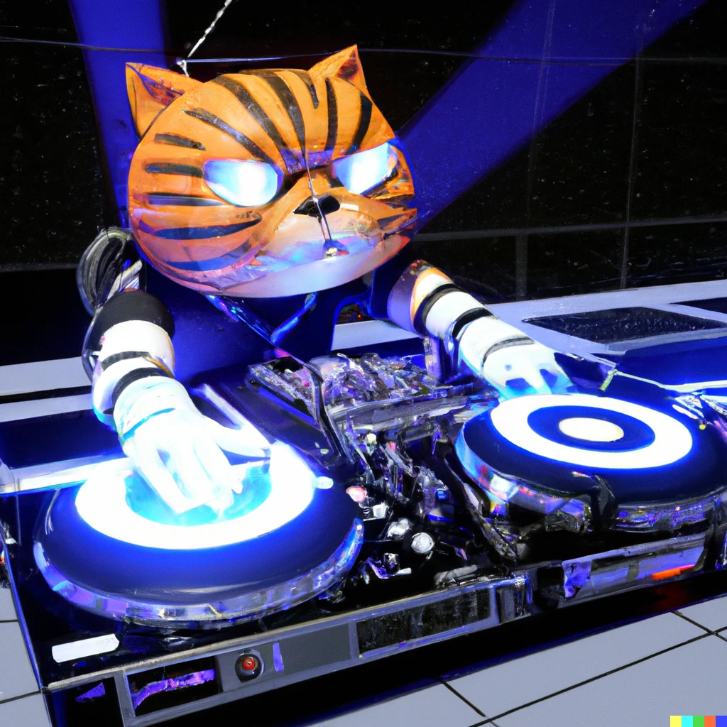 Prompt: cyberpunk garfield DJ spinning tracks on his lasagna cyber deck 3d render