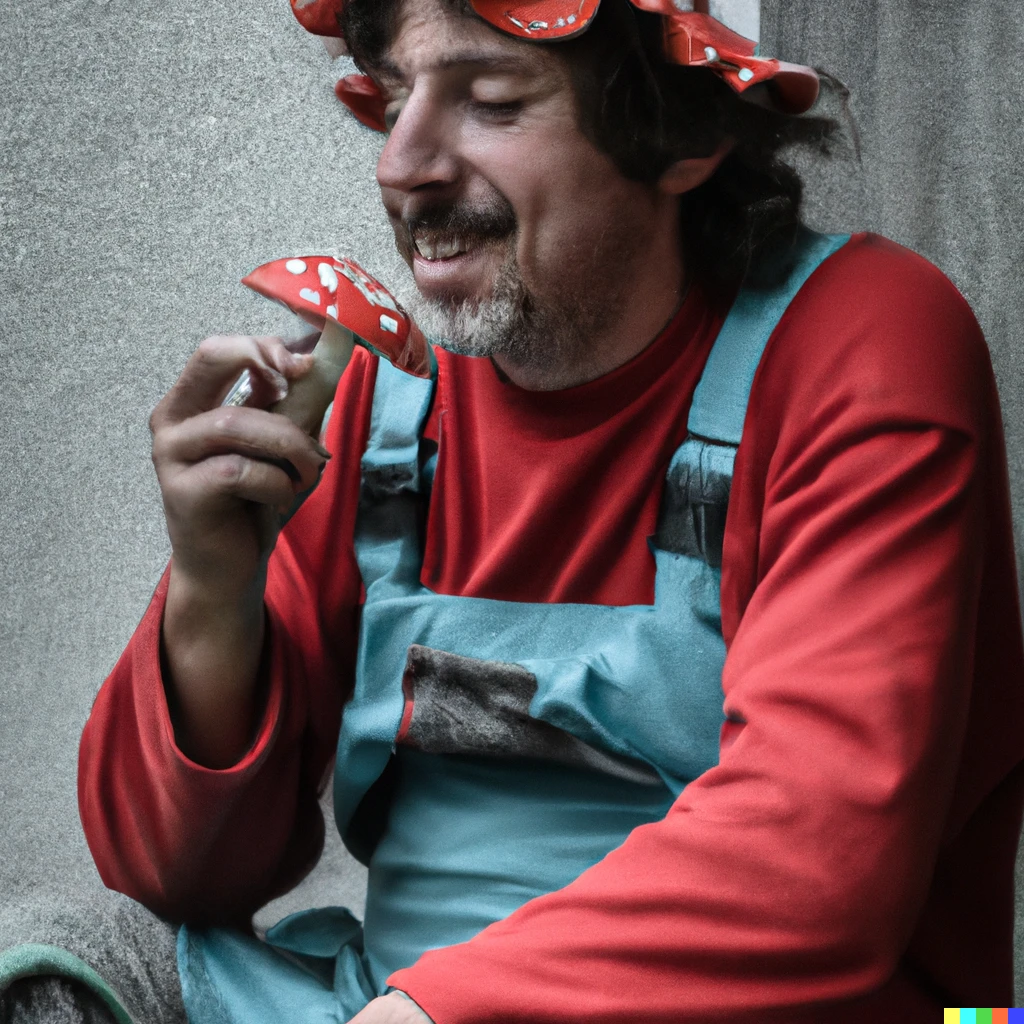 Prompt: A photo of a homeless italian wearing a red hat and blue dungarees with a red shirt underneath. He is also wearing white gloves. He is sitting in a city and eating a red fly agaric mushroom.