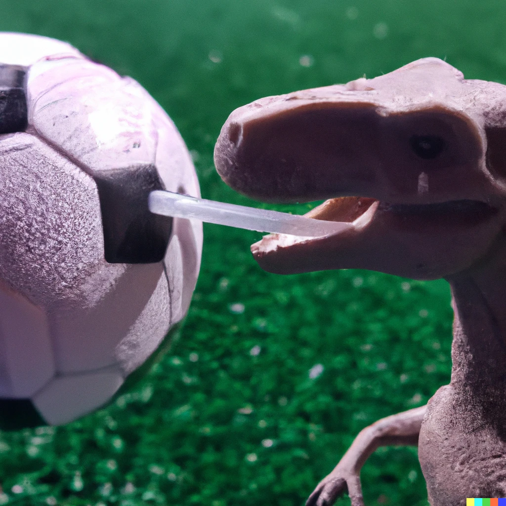 Prompt: A 16G cannula used as a drinking-straw by a t-rex to slurp a smoothie from half a soccer ball in front of the FTX arena