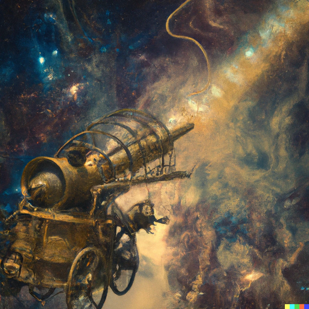 Prompt: A photo of a steampunk spaceship powered by anachronistic machinery, travelling through beautiful nebulae.
